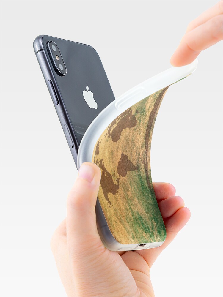 Alternate view of World map in brown on a scratched green/brownish background iPhone Case & Cover