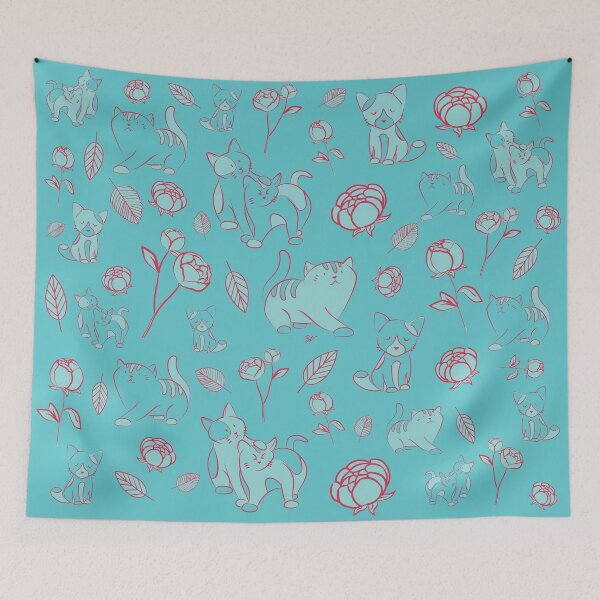 Item preview, Cats and Peony turquoise designed and sold by BlueVein.