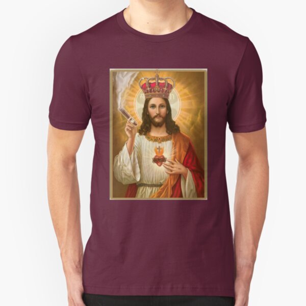 Cigar Smoker Jesus Religious Christian Art Portrait Slim Fit T-Shirt