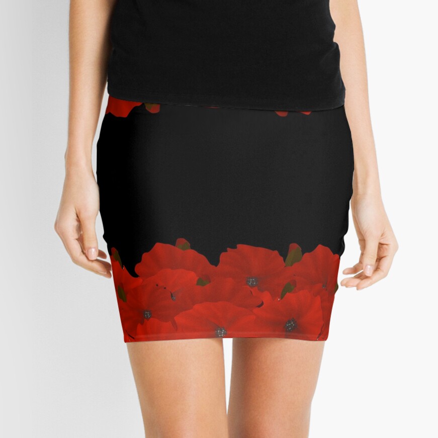 Flower frame. Floral border. Bouquet of red poppy on black background. |  Mini Skirt