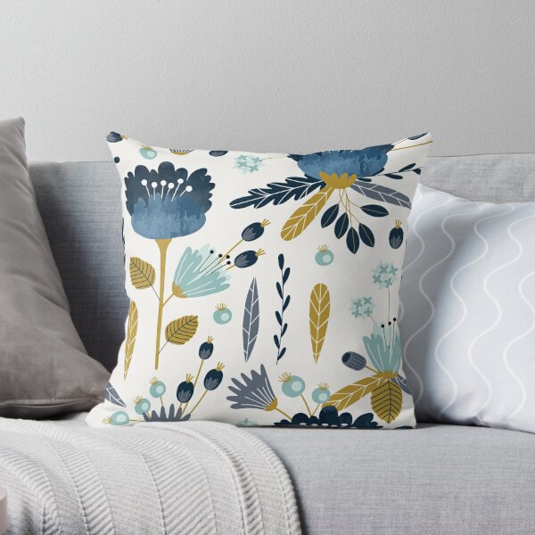 Blue and yellow floral watercolor Throw Pillow