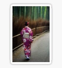 Young Japanese woman in kimino walking along Arashiyama bamboo forest in Kyoto art photo print Sticker