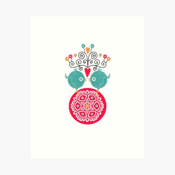 curly whirly lovebirds with heart flowers Art Print