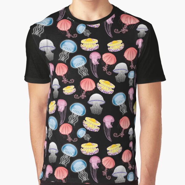 Jellyfishes of the Mediterranean Sea illustration with colorful pattern of jellyfishes on black background decor Graphic T-Shirt