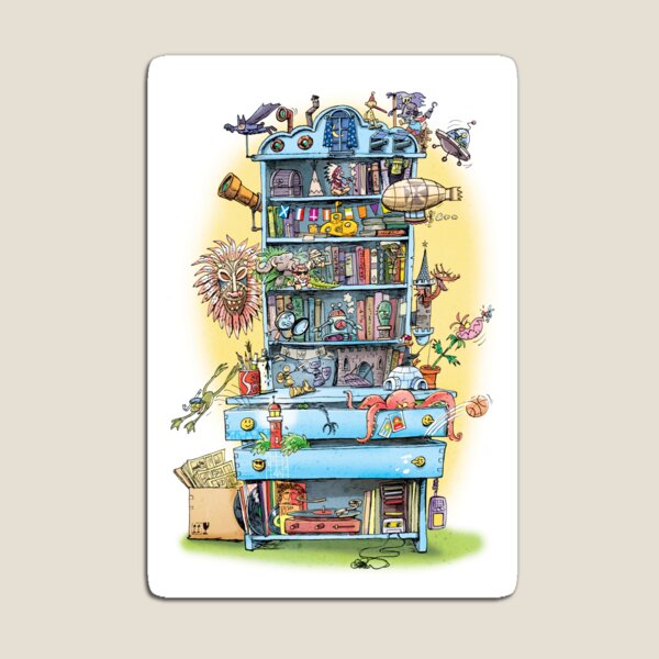 shelf with adventure books and toys Magnet
