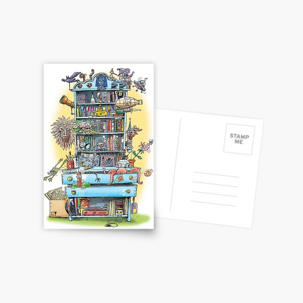 shelf with adventure books and toys Postcard
