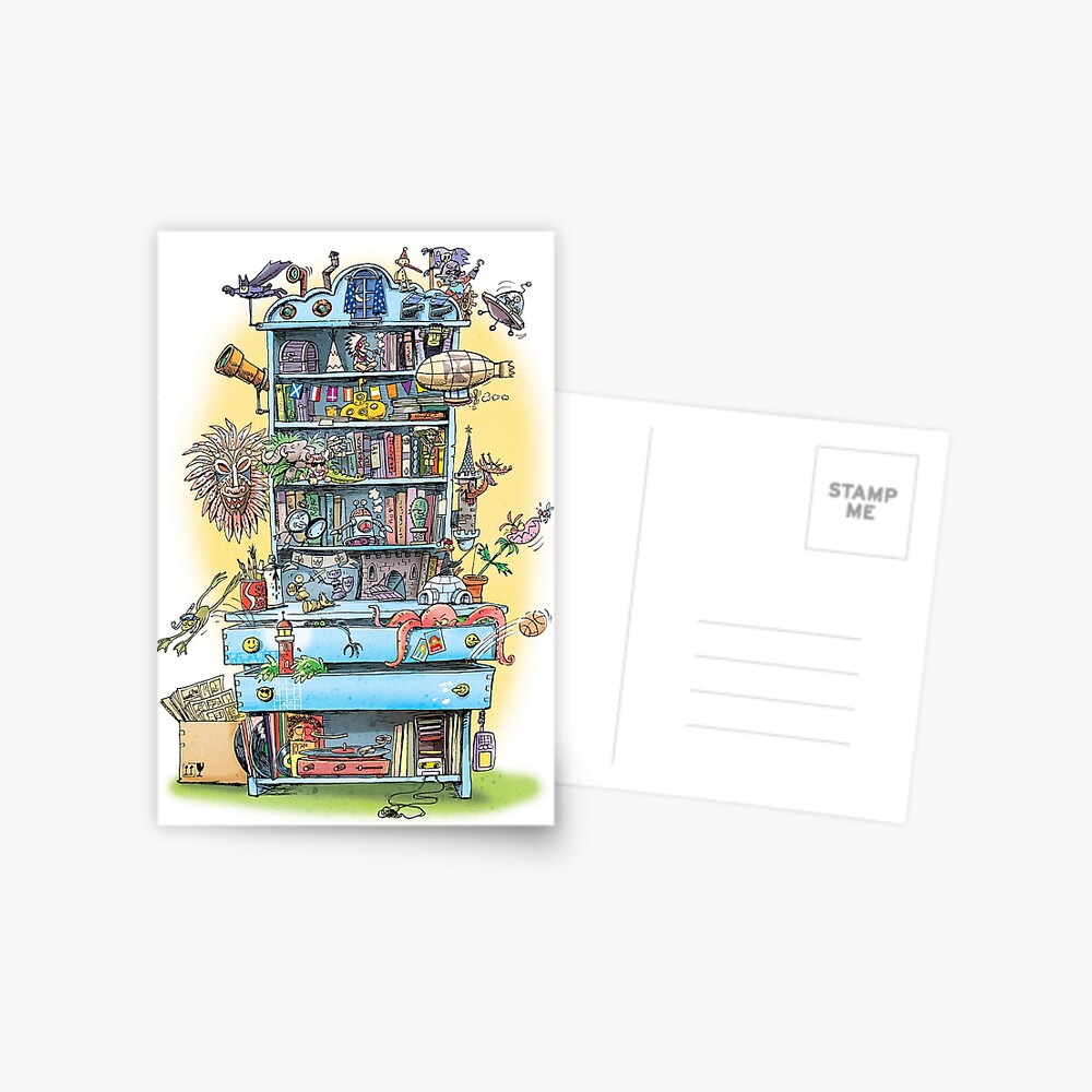 shelf with adventure books and toys Postcard