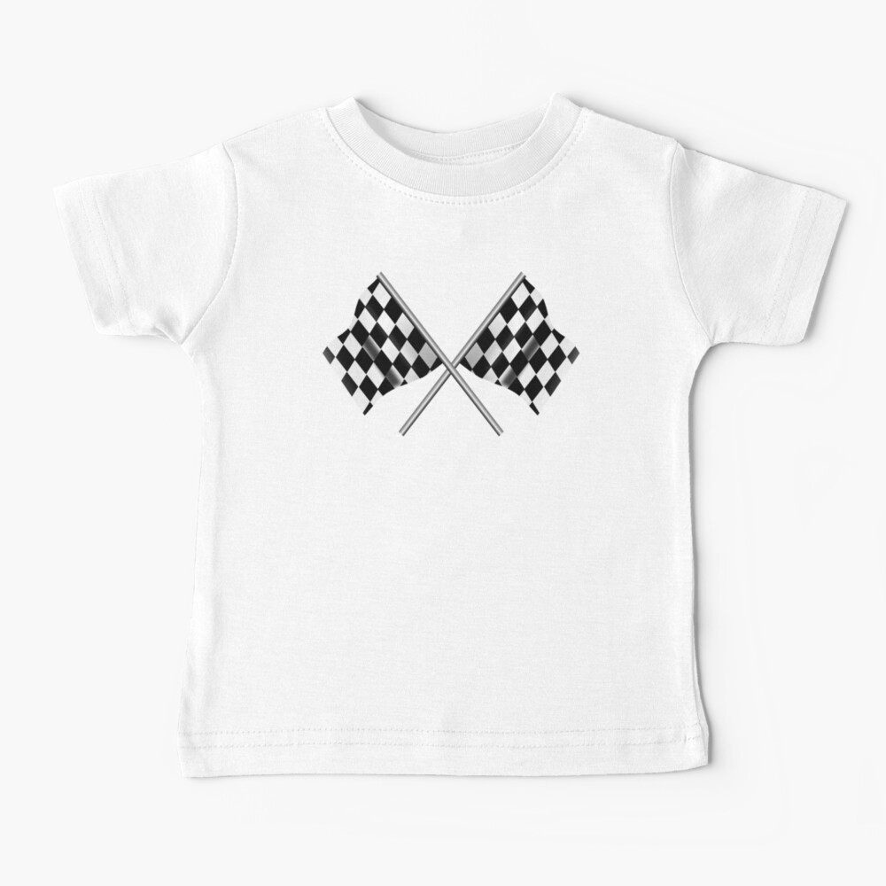 RACE. Checkered Flag. Crossed, WIN, WINNER, Chequered Flag, Racing Cars, Race, Finish line, on WHITE. Baby T-Shirt