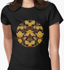 Yellow, Orange & Navy Blue Dark Floral Pattern Women's Fitted T-Shirt