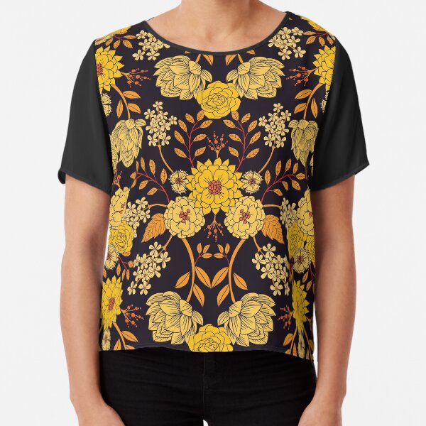 Yellow, Orange & Navy Blue Dark Floral Pattern Chiffon Top