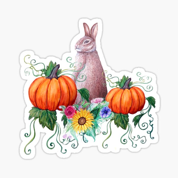 Fall Rabbit , pumpkin and sunflower in watercolor Sticker