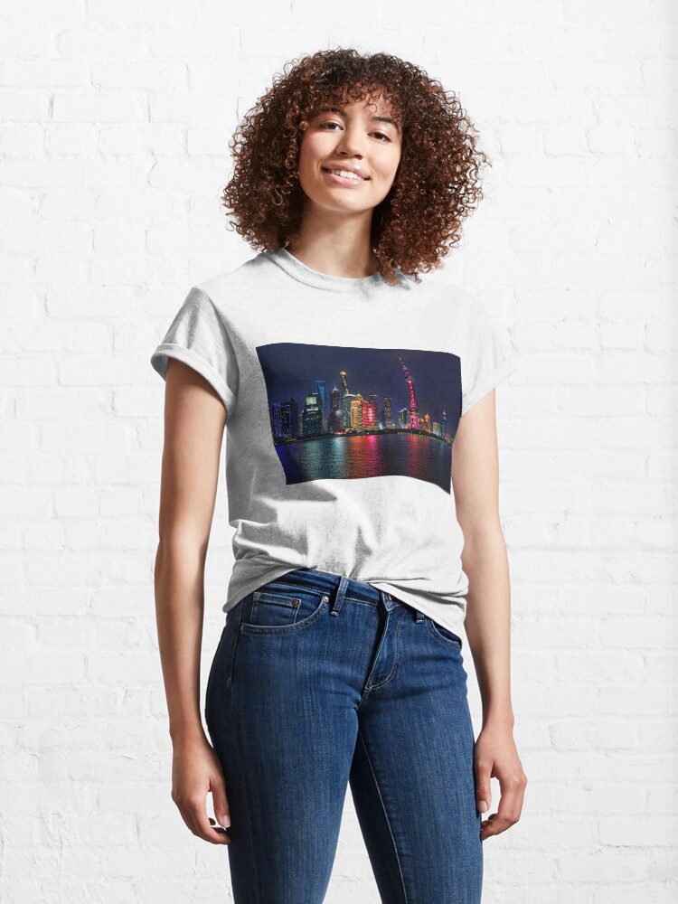 Thumbnail 4 of 7, Classic T-Shirt, Shanghai Skyline at Night designed and sold by Warren Paul Harris.