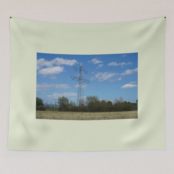 Item preview, Electricity poles and power plant behind wild flower field designed and sold by ByMaSOLE.