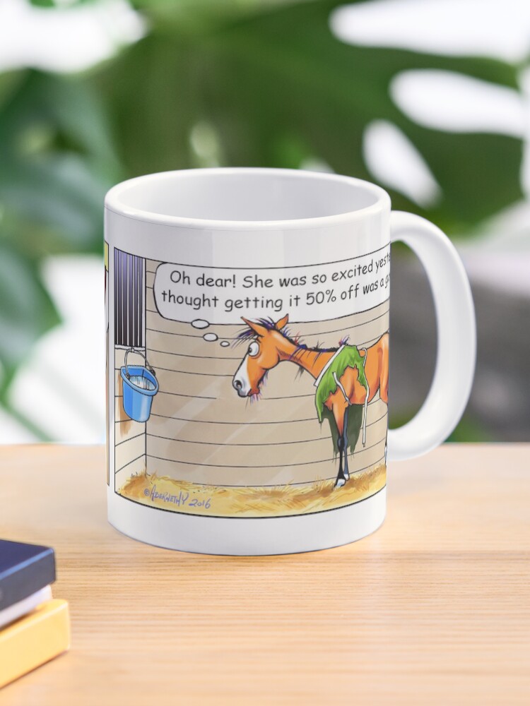 Thumbnail 1 of 6, Coffee Mug, Fergus the Horse: "50% Off" Comic Strip designed and sold by JeanAbernethy.