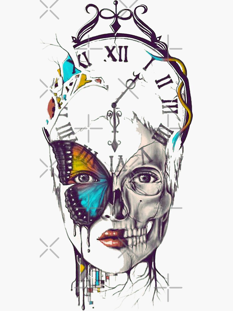"Woman Half Skull Face with Time" Sticker for Sale by DibbaDesigns