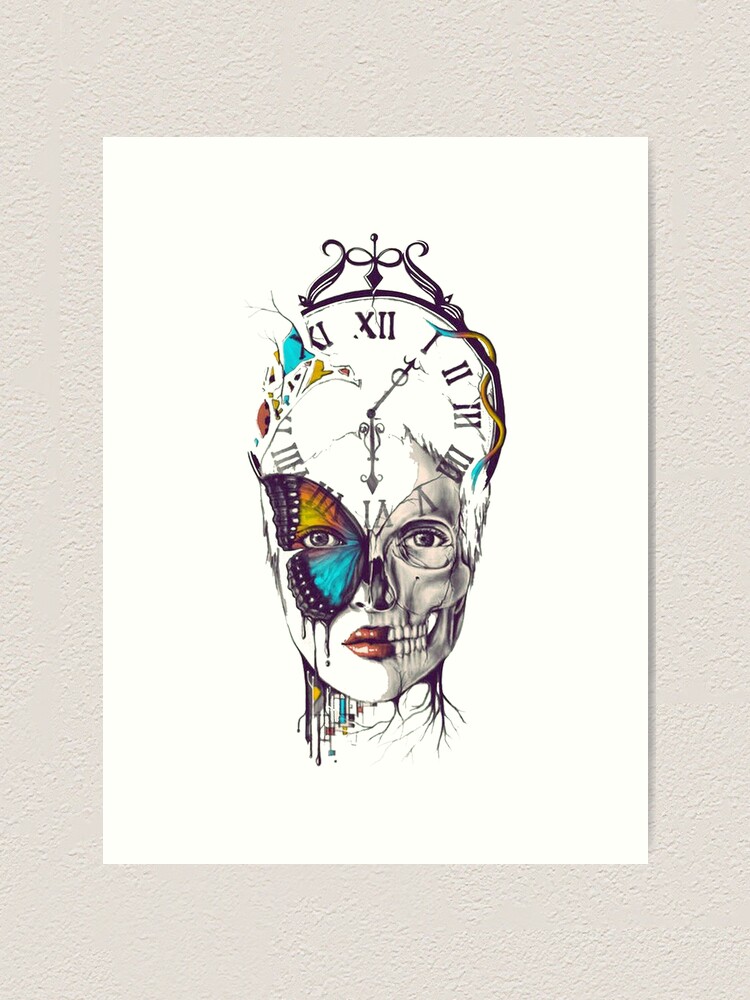 Woman Half Skull Face With Time Art Print By Dibbadesigns Redbubble