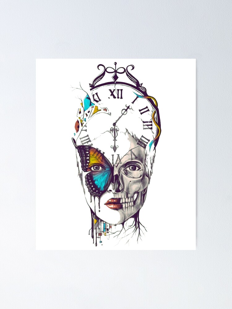 Woman Half Skull Face With Time Poster By Dibbadesigns Redbubble