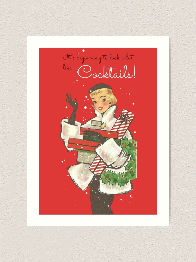 Retro/Vintage Christmas Card of Woman with Gifts Time for