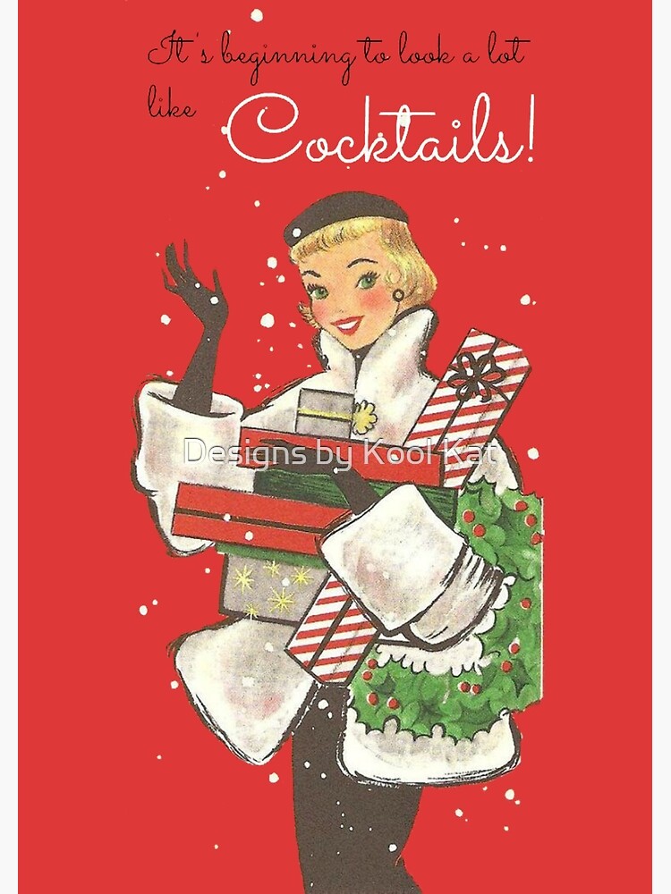 Retro/Vintage Christmas Card of Woman with Gifts Time for Cocktails retro-vintage-christmas-card-of-woman-with-gifts-time-for-cocktails-art-print-for-sale-by-framerkat-redbubble