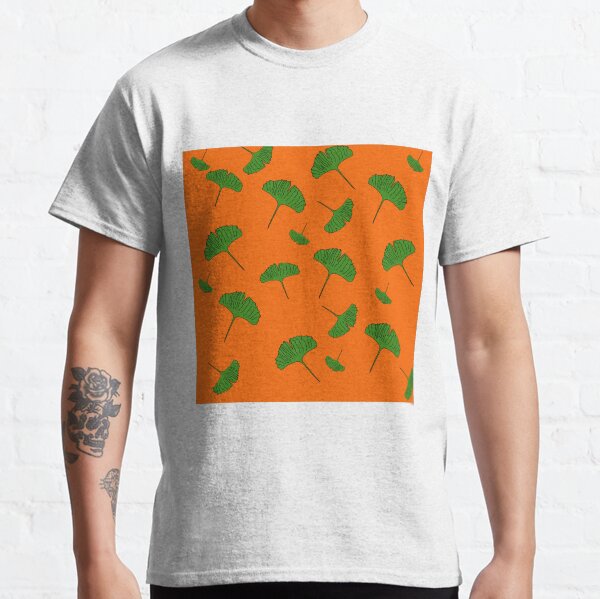 Green, Ginkgo pattern, ginkgo biloba, australian leaf, leaves, nature, gingko, new zealand leaf, orange background Classic T-Shirt