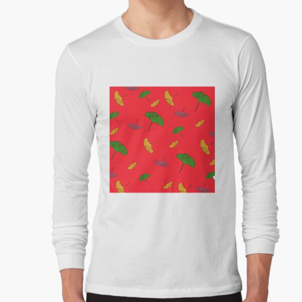 Green, yellow, pink, Ginkgo pattern, ginkgo biloba, australian leaf, leaves, nature, gingko, new zealand leaf, red background Long Sleeve T-Shirt