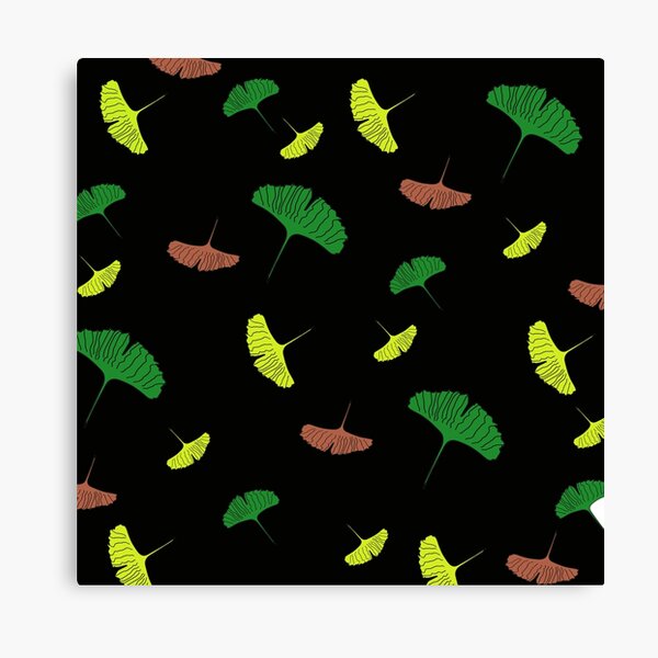 Green, yellow, brown, Ginkgo pattern, ginkgo biloba, australian leaf, leaves, nature, gingko, new zealand leaf, black background Canvas Print