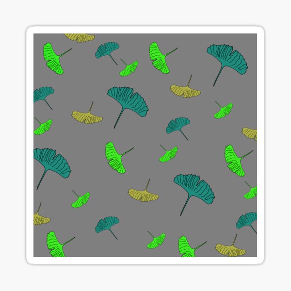 Green, ochre, turquoise, Ginkgo pattern, ginkgo biloba, australian leaf, leaves, nature, gingko, new zealand leaf, grey background Sticker