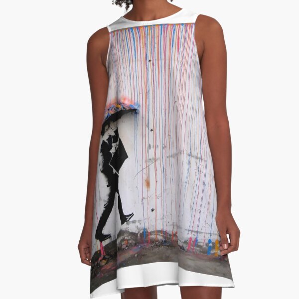 Banksy Umbrella Rainbow Happy Girl A-Line Dress