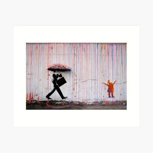 Banksy Umbrella Rainbow Happy Girl Art Print