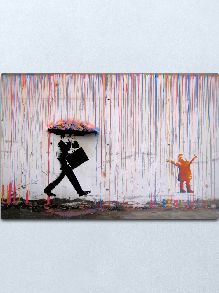 Alternate view of Banksy Umbrella Rainbow Happy Girl Metal Print