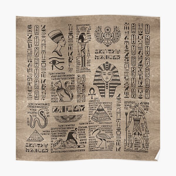 Egyptian hieroglyphs and symbols on wood Poster
