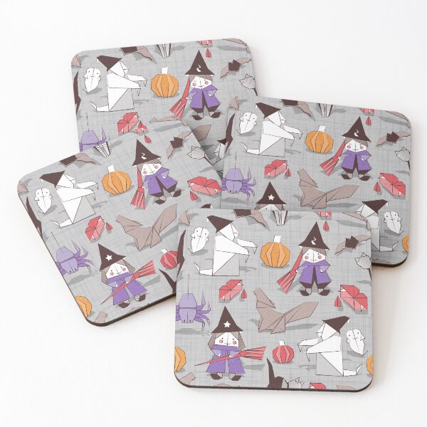 Item preview, Halloween origami tricks // grey linen texture background white and coloured paper and cardboard geometric elements designed and sold by SelmaCardoso.