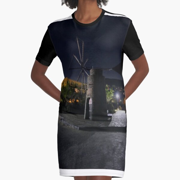 Cretan Windmill at Night Graphic T-Shirt Dress