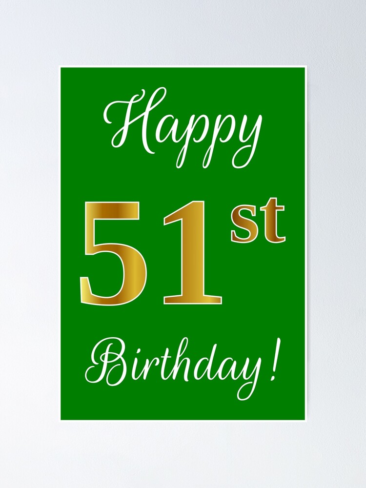 Elegant Faux Gold Look Number Happy 51st Birthday Green