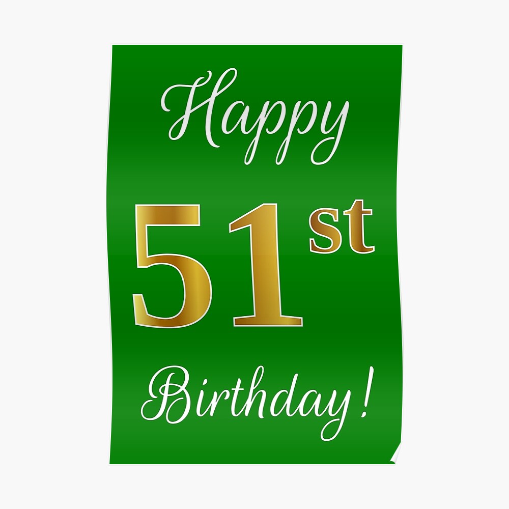 Elegant Faux Gold Look Number Happy 51st Birthday Green