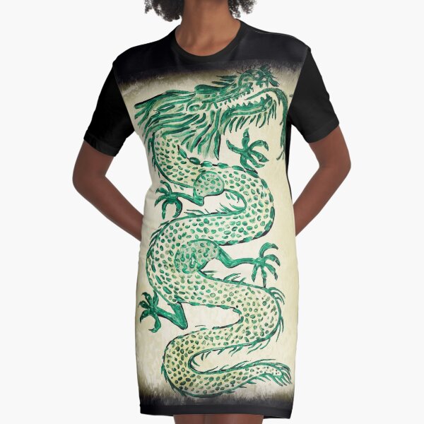 Green Dragon Ink Print Graphic T-Shirt Dress