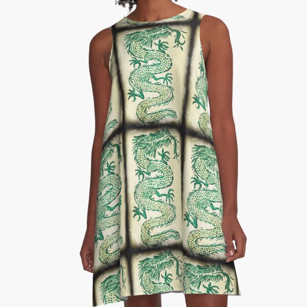 Green Dragon Ink Print A-Line Dress