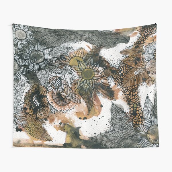 Blätter und Blumen in schwarz, weiß und braun Wandbehang
