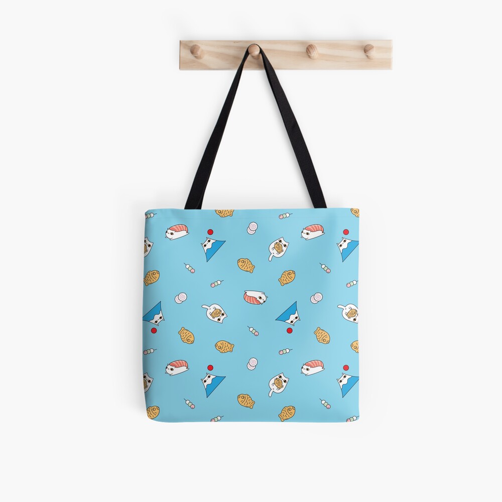 Mount Fuji Cat, Teriyaki Cat and Sushi Cat Pattern in Blue Background Tote Bag