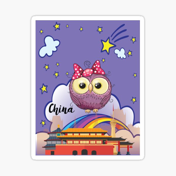 Aperçu de l'œuvre Hibou violet mignon en Chine Fond de licorne / Paysage chinois / Voyage avec une chouette Chine créée et vendue par ProjectX23.
