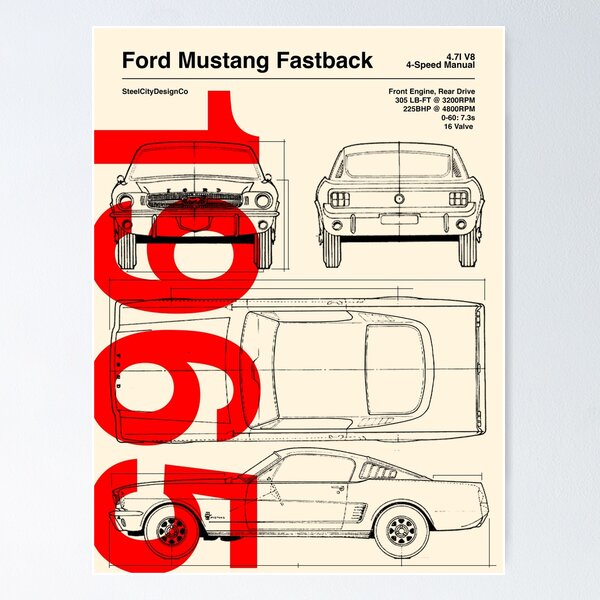1965 Ford Mustang Fastback Blueprint Artwork Poster