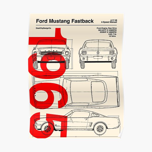 1965 Ford Mustang Fastback Blueprint Artwork Poster