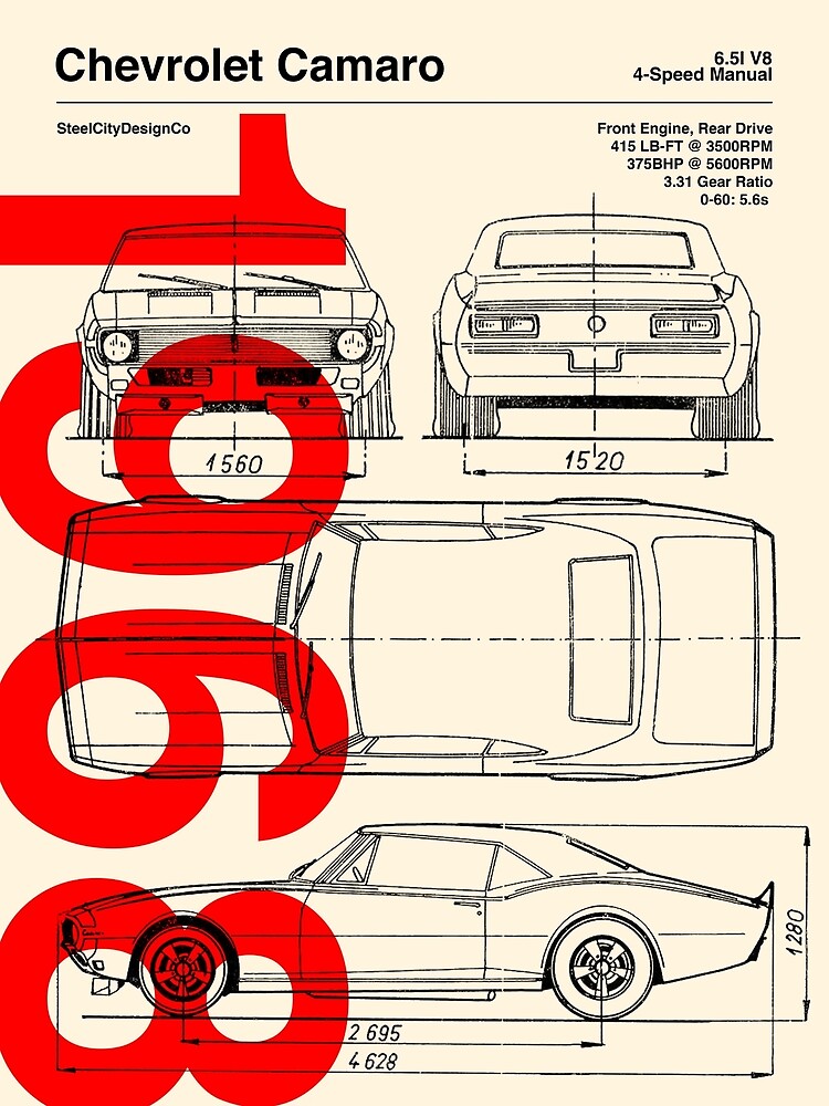 Disover 1968 Chevrolet Camaro SS Blueprint Artwork Premium Matte Vertical Poster
