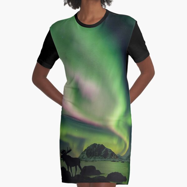 Moose with Northern Lights Graphic T-Shirt Dress