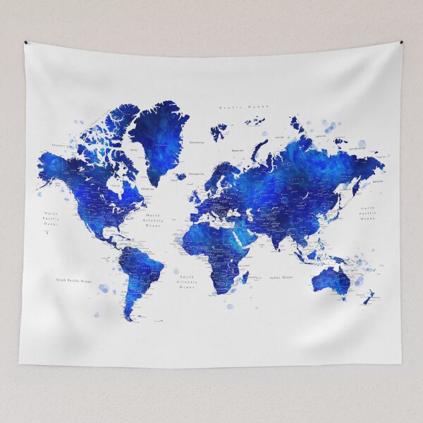 Item preview, Navy blue and cobalt blue watercolor world map with cities labelled, "Carlynn" designed and sold by blursbyai.