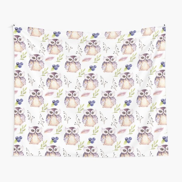 Watercolor Owls With Blueberries Cute Floral Pattern Tapestry