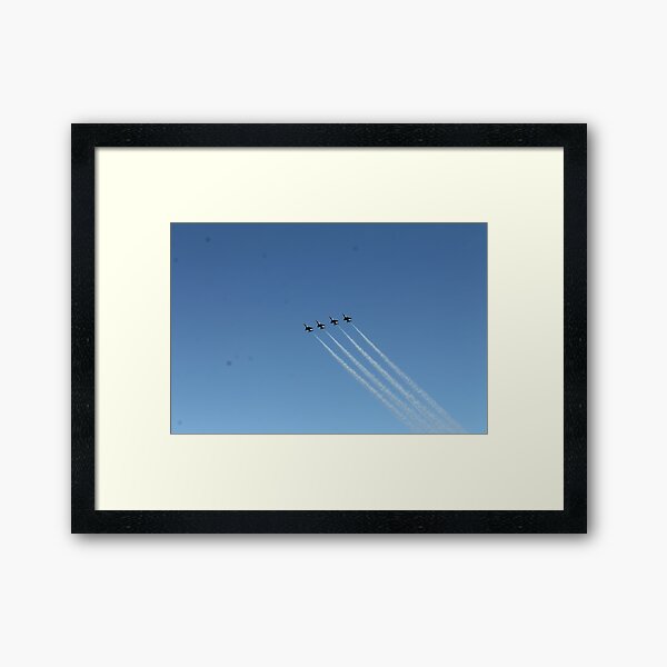 Air show, #AirShow, #sky #airplane #plane #blue #jet #flight #air #flying #aircraft #fly #travel #trail #aeroplane #clouds #white #aviation #cloud #contrail #smoke #glider #transport #high #speed Framed Art Print