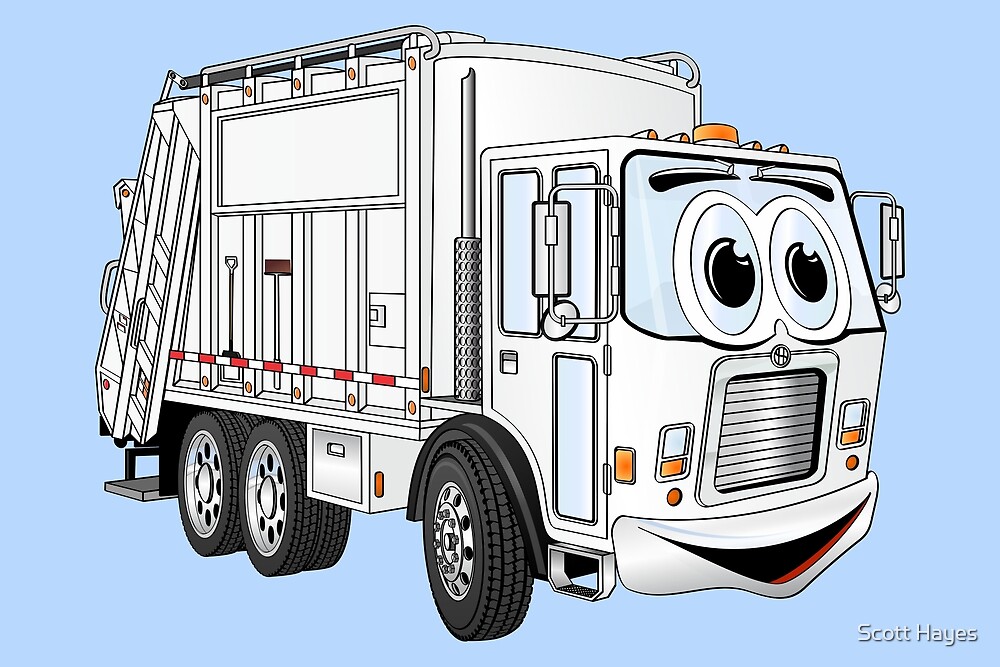 "White Smiling Garbage Truck Cartoon" by Scott Hayes | Redbubble