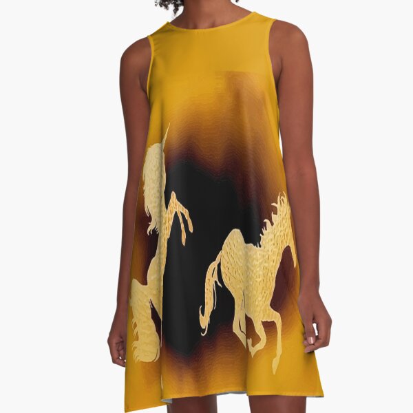 Einhorn-Paar goldene Beige A-Linien Kleid