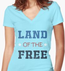 Land Of Free Merica American Flag T-Shirt Women's Fitted V-Neck T-Shirt